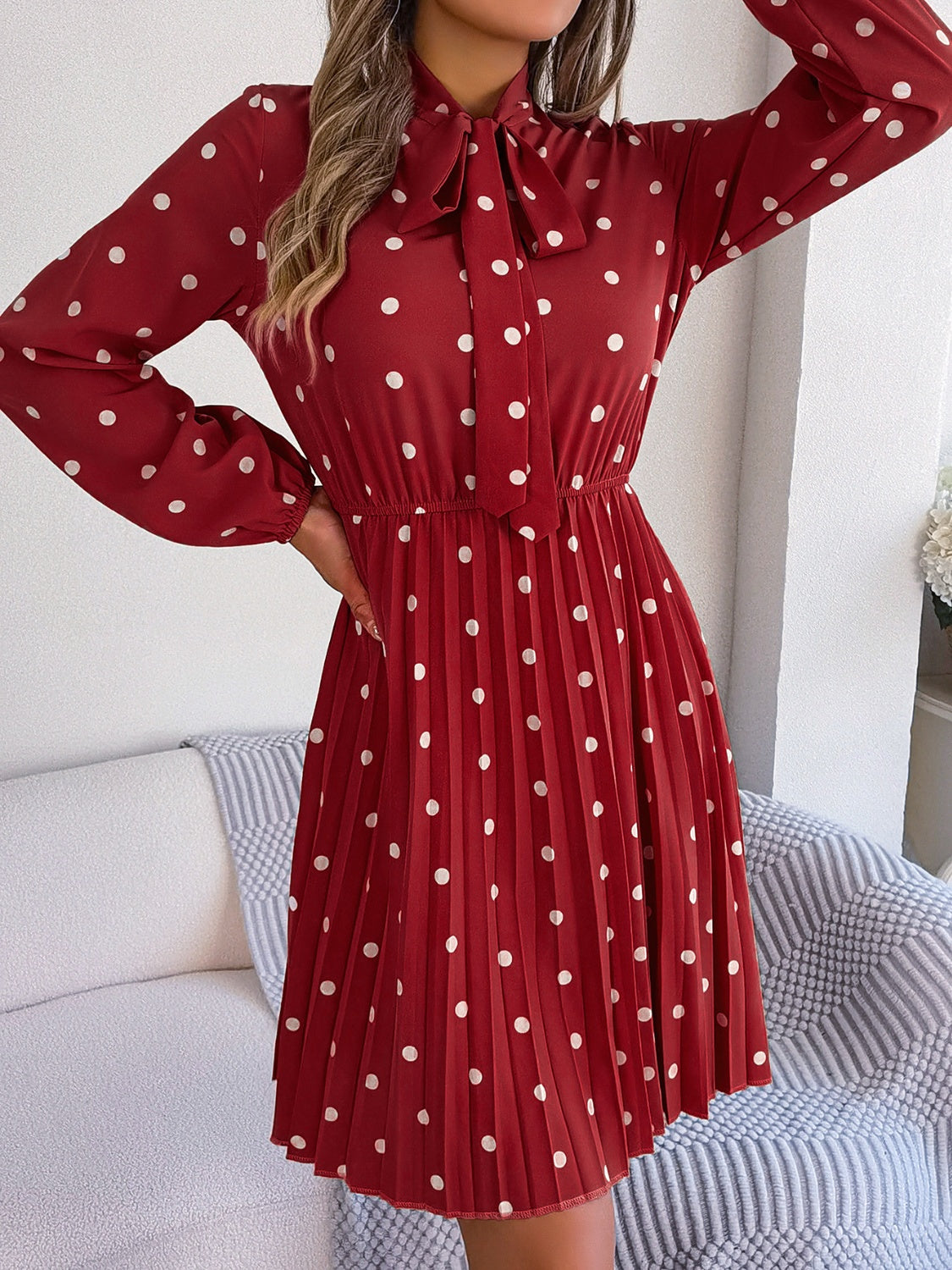 Polka Dot Tie Neck Pleated Dress Trendsi