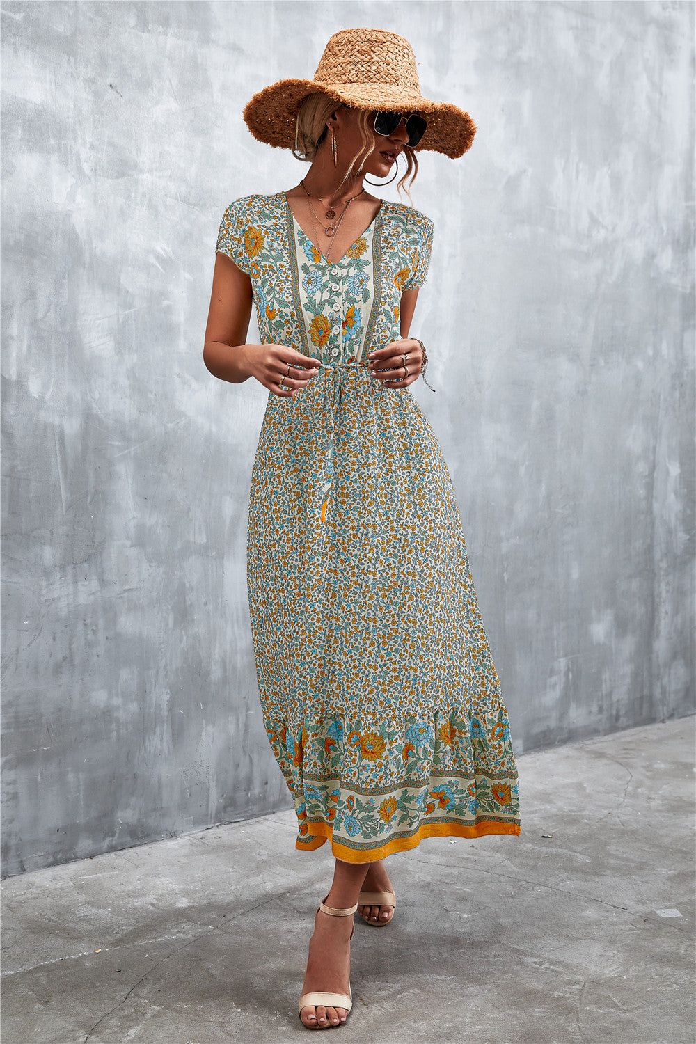 V-Neck Short Sleeve Printed Maxi Dress Trendsi