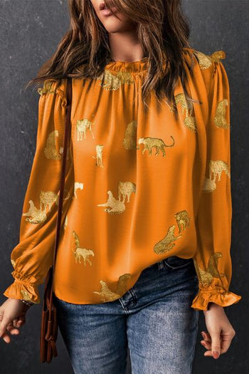 Frill Animal Flounce Sleeve Blouse Trendsi