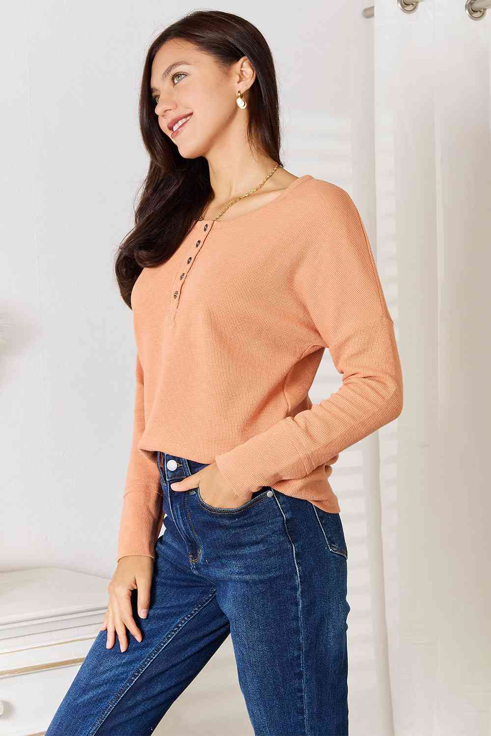 Basic Bae Half Button Long Sleeve Top Basic Bae