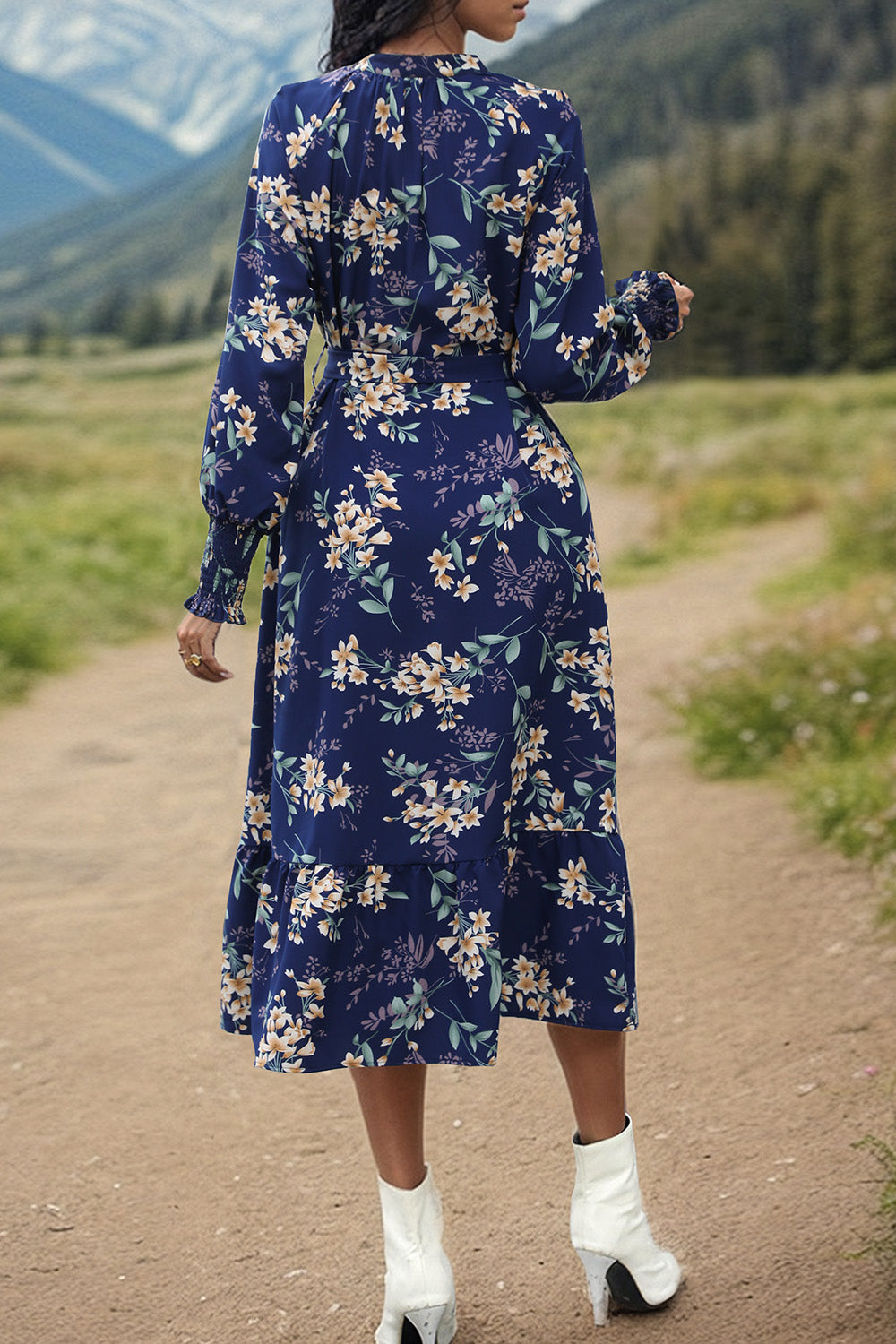 Printed Notched Lantern Sleeve Midi Dress Trendsi