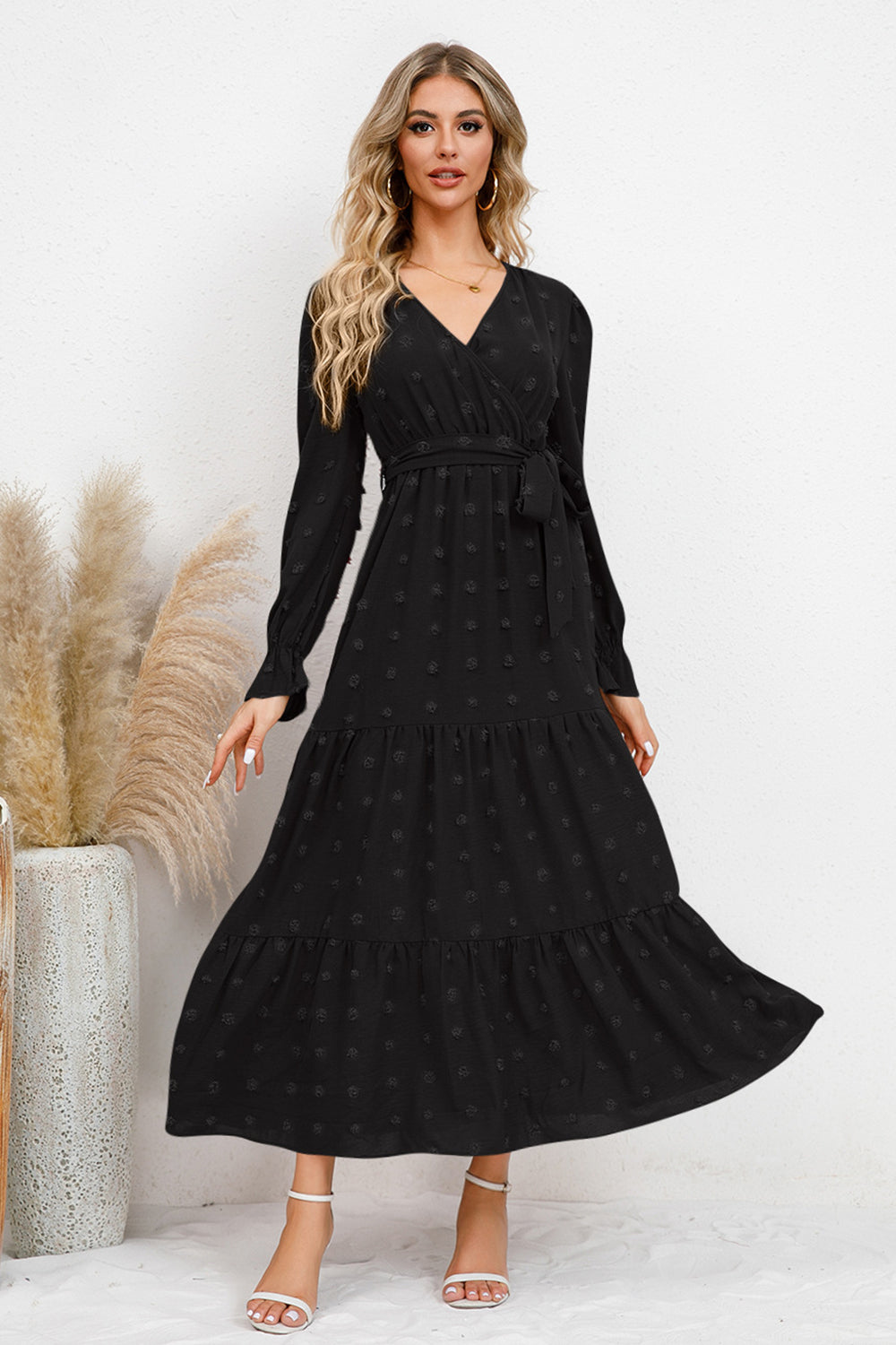 Swiss Dot Tied Surplice Flounce Sleeve Dress Trendsi