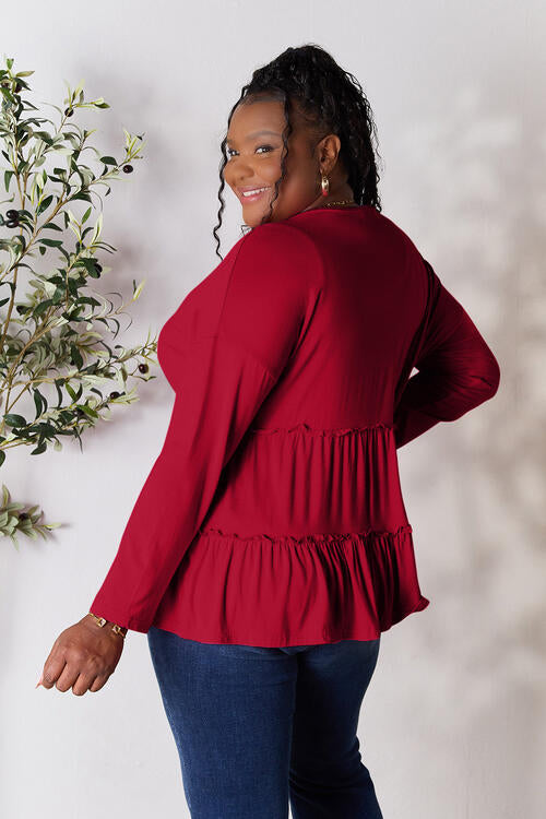 Double Take Half Button Long Sleeve Ruffle Hem Blouse Trendsi