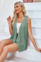 Eyelet Open Front Sleeveless Cardigan Trendsi