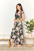 Double Take Floral Flutter Sleeve Tie-Waist Split Dress Trendsi
