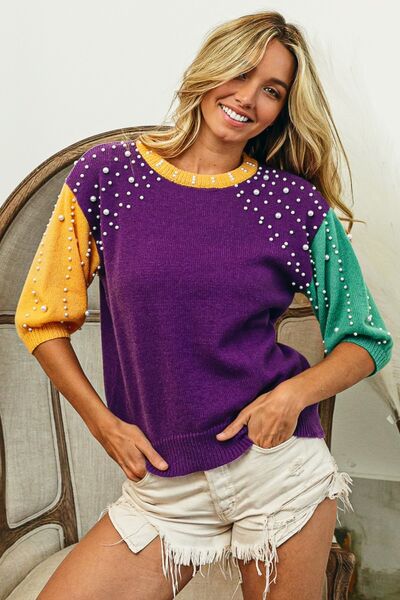 BiBi Color Block Pearl Detail Round Neck Sweater Trendsi