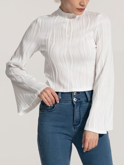 Mock Neck Flare Sleeve Blouse Trendsi