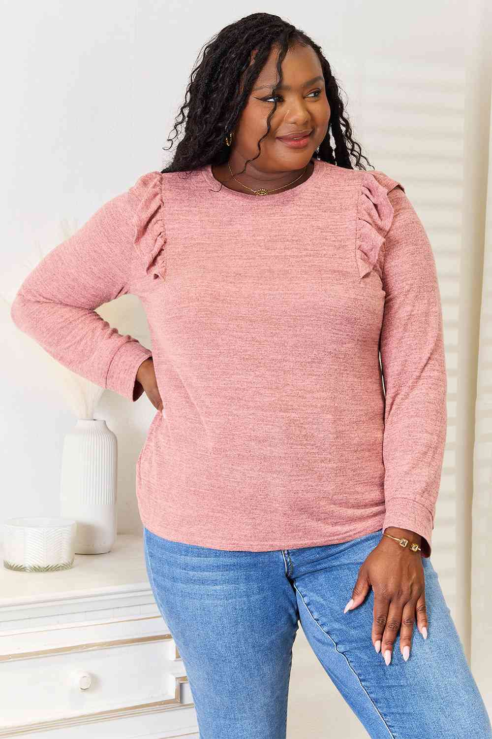 Double Take Ruffle Shoulder Long Sleeve T-Shirt Double Take