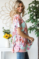Heimish Full Size Floral V-Neck Short Sleeve Babydoll Blouse Trendsi