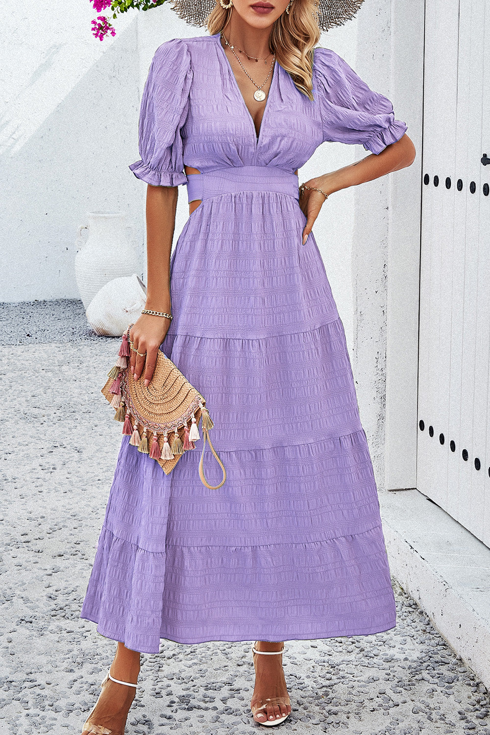 Tie Back Short Sleeve Tiered Dress Trendsi