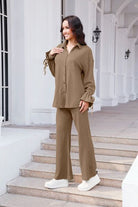 Drawstring Flounce Sleeve Shirt and Pants Set Trendsi