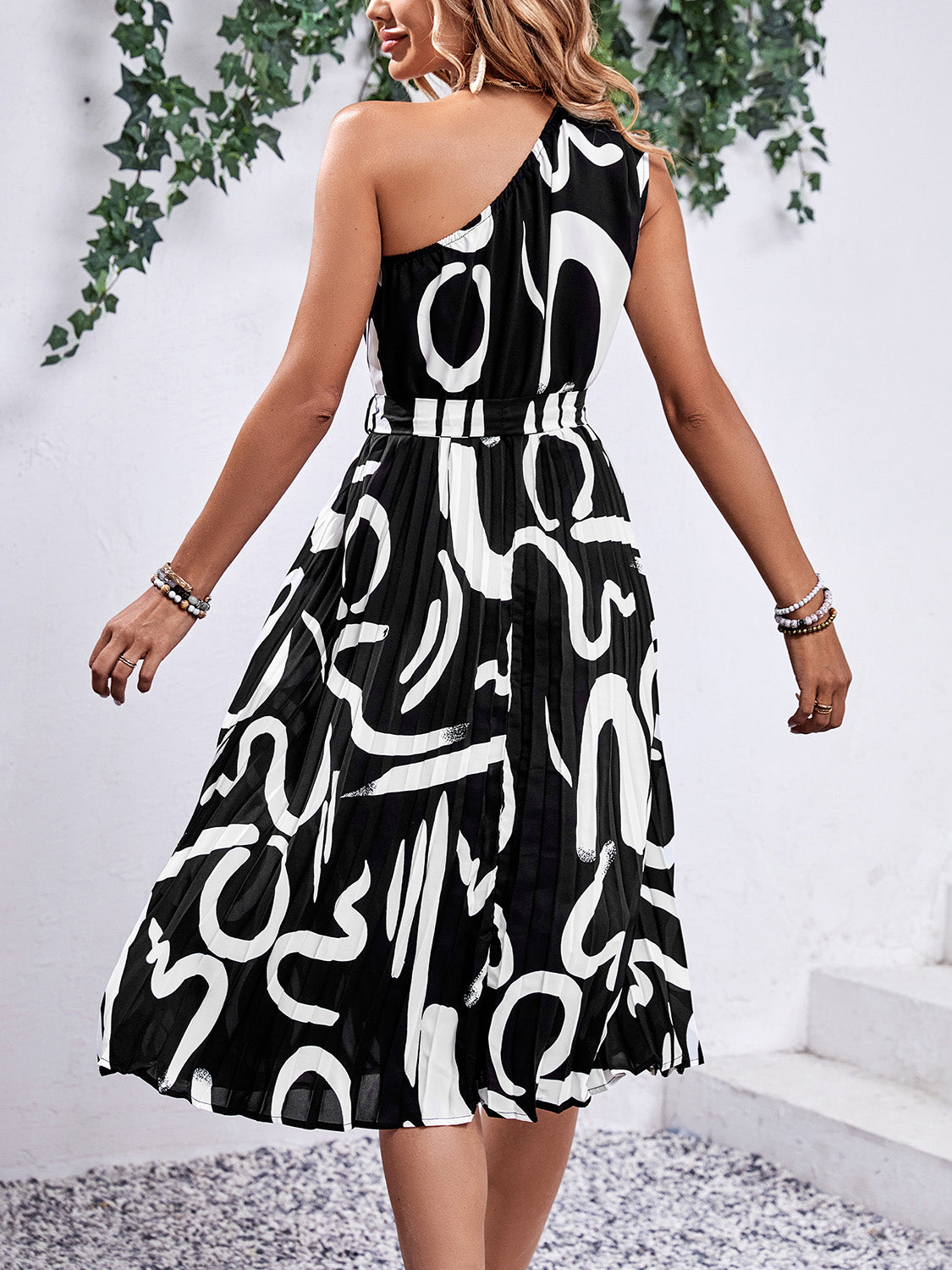 Printed Single Shoulder Tie Waist Dress Trendsi