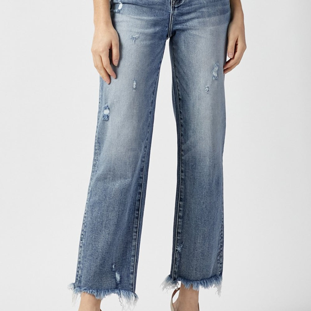 RISEN High Waist Raw Hem Straight Jeans Trendsi