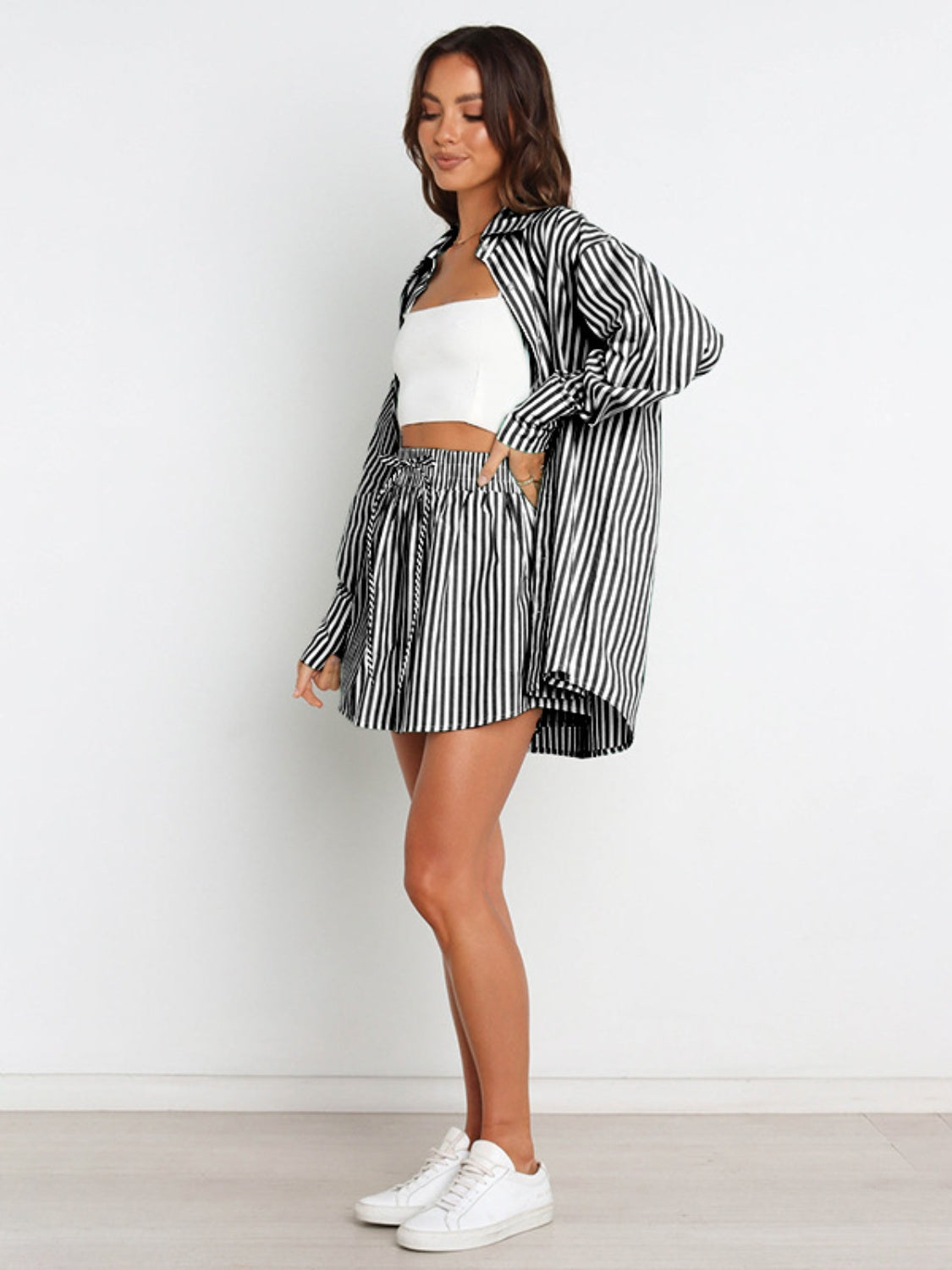 Striped Dropped Shoulder Shirt and Shorts Set Trendsi