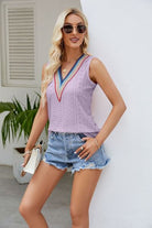 Contrast Eyelet V-Neck Tank Trendsi