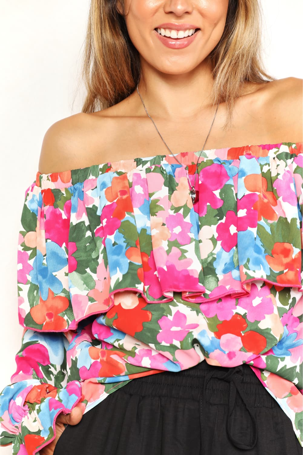 Double Take Floral Off-Shoulder Flounce Sleeve Layered Blouse Trendsi