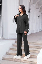 Drawstring Flounce Sleeve Shirt and Pants Set Trendsi