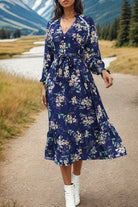 Printed Notched Lantern Sleeve Midi Dress Trendsi