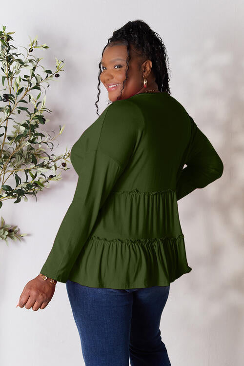 Double Take Half Button Long Sleeve Ruffle Hem Blouse Trendsi