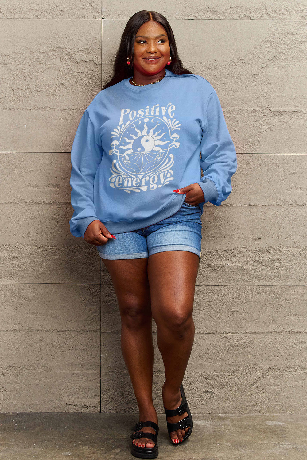 Simply Love Full Size POSITIVE ENERGY Graphic Sweatshirt Trendsi