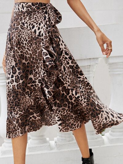 Tied Ruffled Leopard Midi Skirt Trendsi
