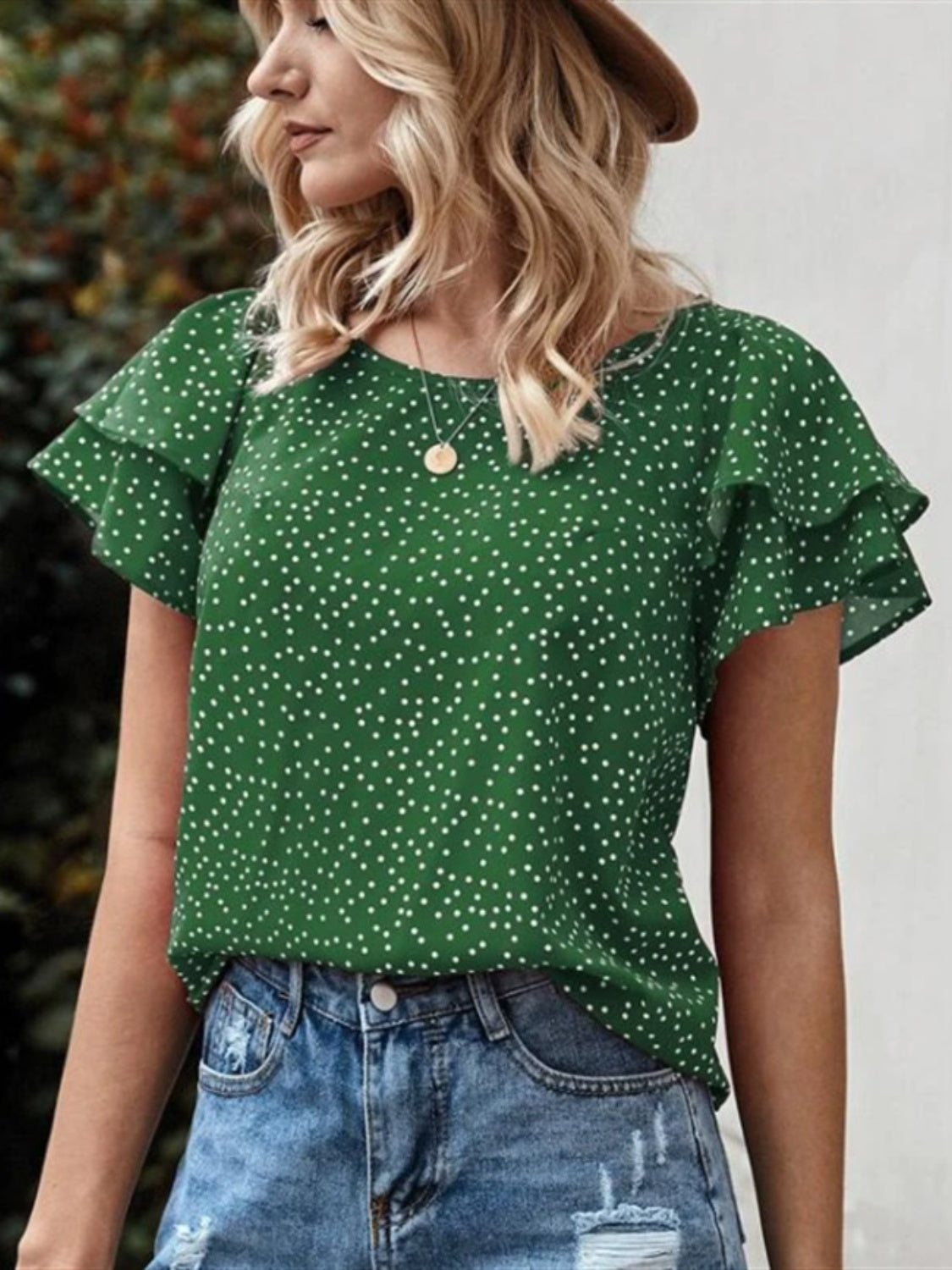 Ruffled Polka Dot Round Neck Short Sleeve Blouse Trendsi