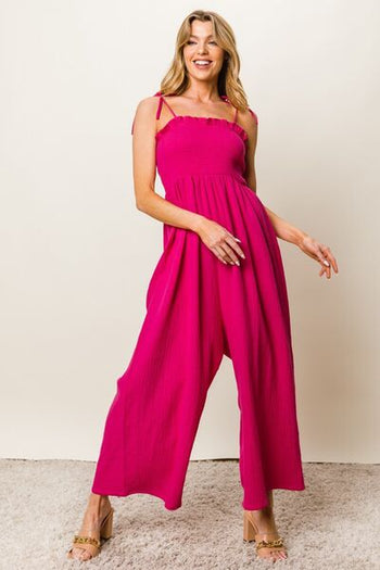 BiBi Texture Smocked Sleeveless Jumpsuit Trendsi