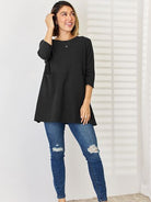 Pocketed Round Neck Half Sleeve Blouse Trendsi