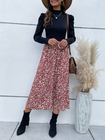 Printed Mock Neck Puff Sleeve Midi Dress Trendsi