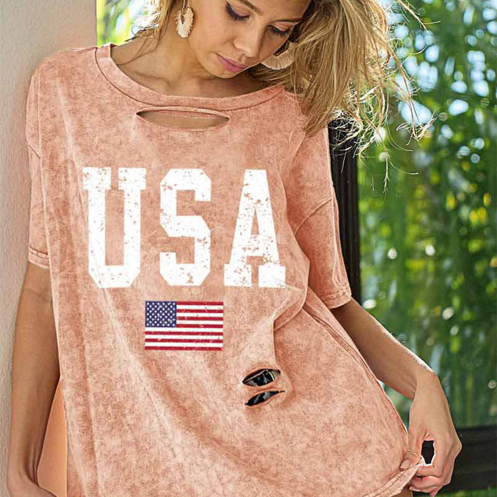 BiBi Washed American Flag Graphic Distressed T-Shirt Trendsi