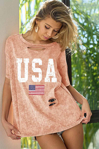 BiBi Washed American Flag Graphic Distressed T-Shirt Trendsi