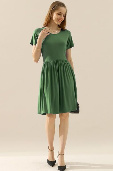 Ninexis Round Neck Ruched Dress with Pockets Trendsi