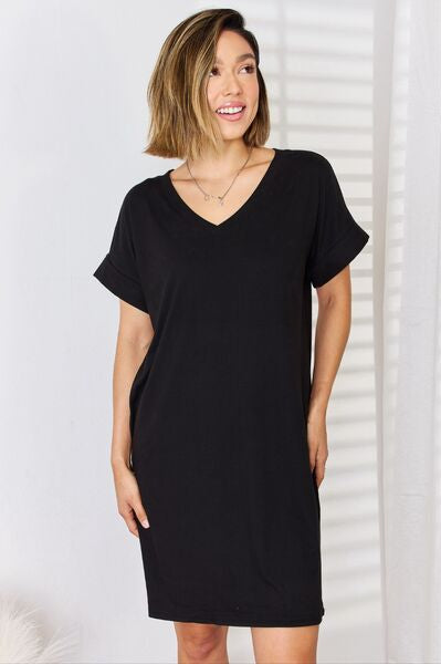 Zenana Full Size Rolled Short Sleeve V-Neck Dress Trendsi