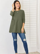 Pocketed Round Neck Half Sleeve Blouse Trendsi