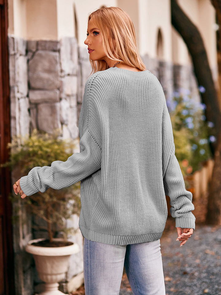 Waffle-Knit Long Sleeve Sweater Trendsi