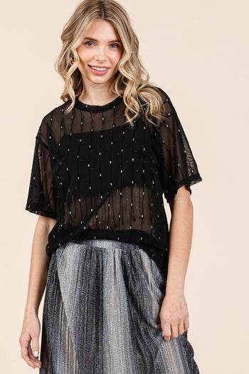 GeeGee Round Neck Drop Shoulder Mesh Glitter Top Trendsi