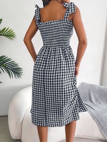 Frill Plaid Square Neck Midi Dress Trendsi