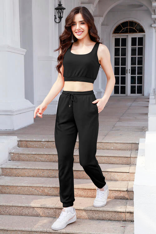 Waffle-Knit Cropped Tank and Drawstring Pants Set Trendsi