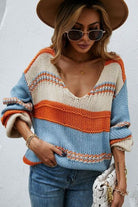 Color Block V-Neck Dropped Shoulder Sweater Trendsi