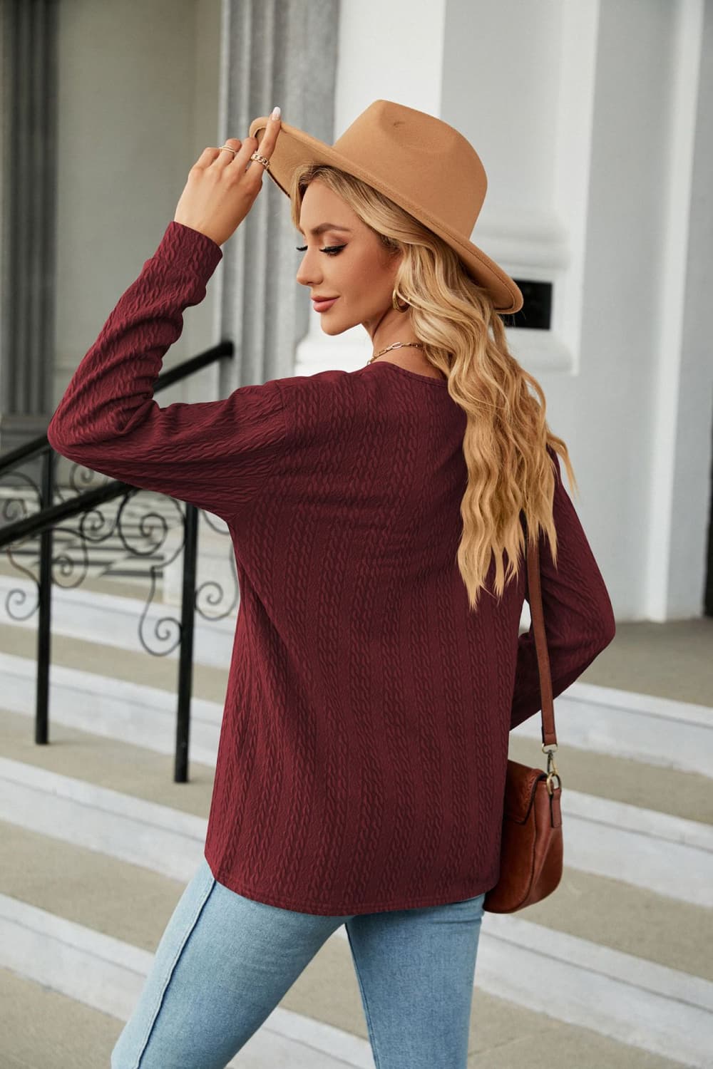 Decorative Button V-Neck Long Sleeve T-Shirt Trendsi