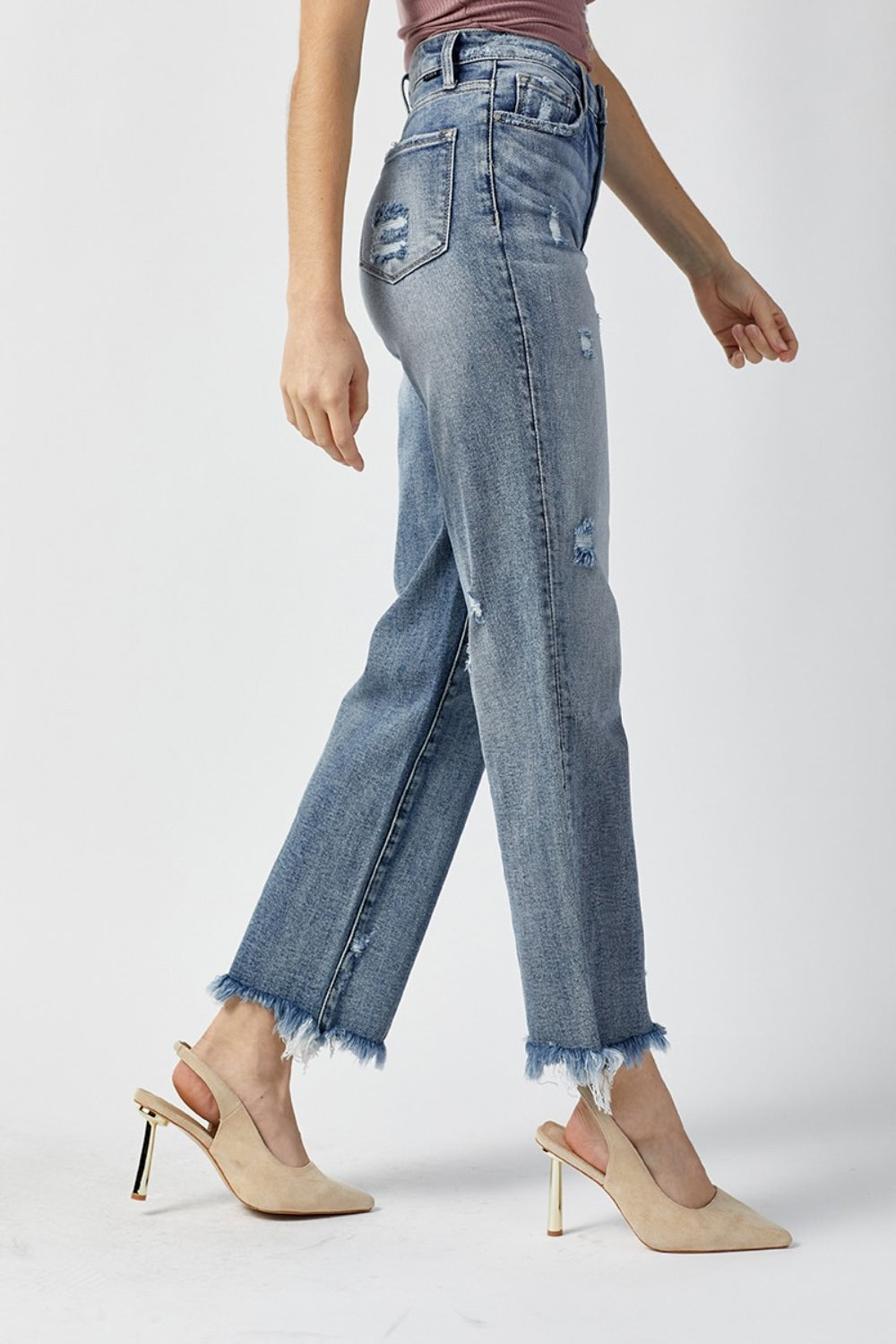 RISEN High Waist Raw Hem Straight Jeans Trendsi