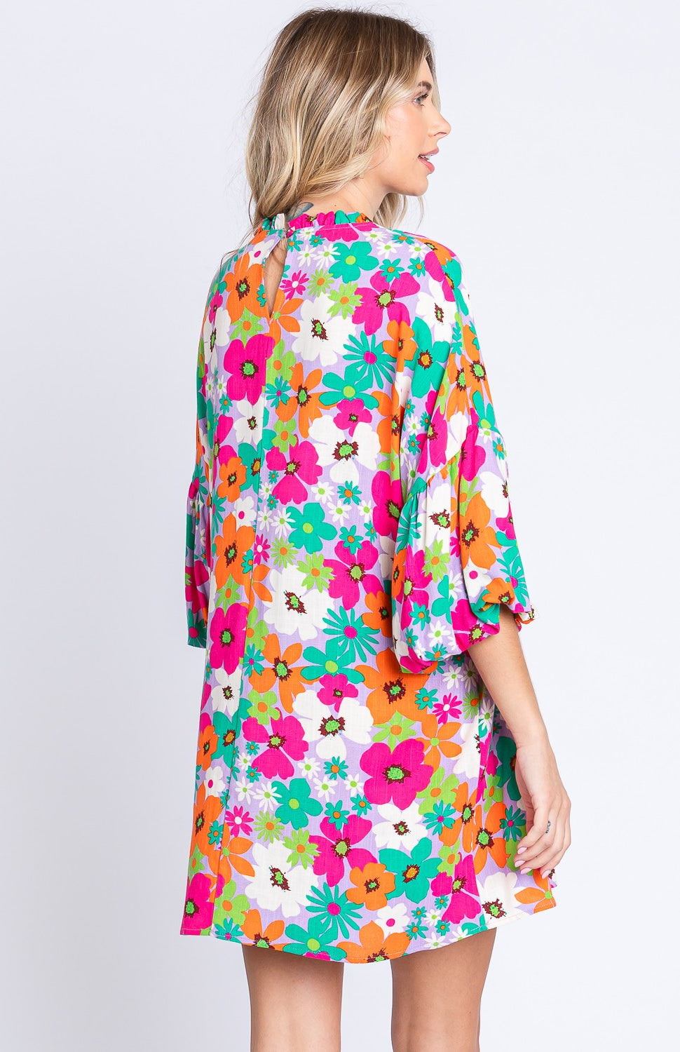 GeeGee Full Size Floral Round Neck Lantern Sleeve Mini Dress Trendsi