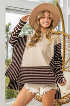 BiBi Striped Contrast Long Sleeve Slit Top Trendsi