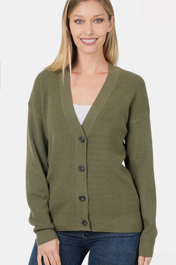 Zenana Button Up V-Neck Dropped Shoulder Cardigan Trendsi