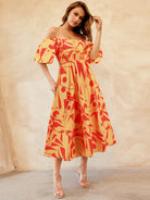 Printed Off-Shoulder Balloon Sleeve Dress Trendsi