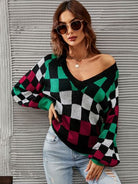 Checkered V-Neck Lantern Sleeve Sweater Trendsi