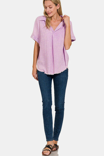 Zenana Washed Linen Raw Hem V-Neck Shirt Trendsi