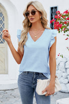 Ruffled V-Neck Cap Sleeve Blouse Trendsi