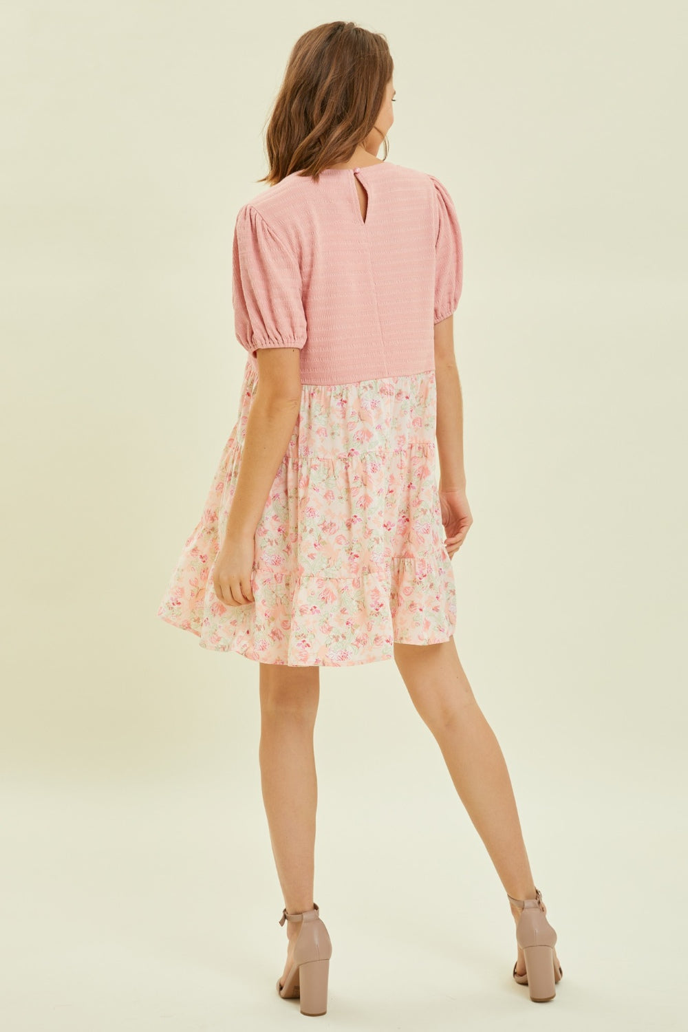 HEYSON Full Size Round Neck Floral Ruffle Hem Mini Dress Trendsi