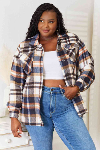 Double Take Plaid Button Front Shirt Jacket with Breast Pockets Double Take